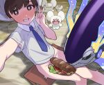  blue_necktie blush bottomless brown_eyes brown_hair covered_penis florian_(pokemon) food_on_body food_on_penis heavy_breathing highres looking_at_viewer maushold maushold_(family_of_four) miraidon mubo necktie on_ground open_mouth penis pokemon pokemon_(creature) pokemon_sv sandwiched selfie shirt short_sleeves smile v white_shirt 