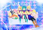  2girls aqua_eyes aqua_hair barefoot blonde_hair blue_eyes couch guitar hair_ribbon hatsune_miku highres instrument kagamine_len kagamine_rin kaisaki long_hair looking_at_viewer multiple_girls ribbon short_hair single_thighhigh thighhighs twintails very_long_hair vocaloid 