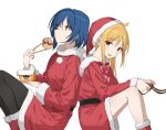  2girls ahoge back-to-back blonde_hair blue_hair bocchi_the_rock! bow chopsticks hat highres holding holding_chopsticks kanaria_hisagi medium_hair multiple_girls red_bow red_eyes santa_hat yellow_eyes 