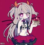  1girl artist_name chibi colored_skin commission doughnut dress earrings eating food hair_ribbon hairband highres holding holding_food horns jewelry looking_at_viewer mogeko_(okegom) pout purple_background purple_eyes ribbon skeb_commission solo tagme white_hair white_skin wings 