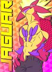 amped_toxtricity anthro bottomwear clothed clothing digital_media_(artwork) fizzyjay generation_8_pokemon hi_res looking_at_viewer male muscular muscular_male nintendo pants pecs pokemon pokemon_(species) purple_body solo tongue tongue_out topless toxtricity undressing