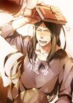  bad_id bad_pixiv_id black_eyes black_hair blush book boushiya_goyachanpuru fate/zero fate_(series) long_hair lord_el-melloi_ii male_focus multiple_boys older ribbon rider_(fate/zero) snot tears time_paradox waver_velvet wince 