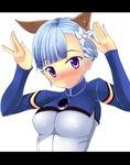  absurdres alice_(nh2) animal_ears bad_id bad_pixiv_id blue_hair blush bodysuit breasts detached_sleeves dog_ears fin_e_ld_si_laffinty flower hair_flower hair_ornament highres kemonomimi_mode purple_eyes rinne_no_lagrange short_hair solo 