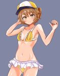  1girl alternate_costume arm_up armpits ass_visible_through_thighs bare_shoulders baseball_cap bikini bikini_skirt blush breasts brown_hair closed_mouth commentary_request cowboy_shot frilled_bikini frills grey_hair hat highres looking_at_viewer navel satake_mei short_hair short_ponytail simple_background small_breasts smile solo swimsuit thick_eyebrows umamusume v-shaped_eyebrows vandy76 yellow_bikini yellow_headwear 