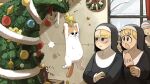  4girls :d :o angry bird blonde_hair blue_eyes brown_eyes brown_hair cat chicken christmas_tree christmas_wreath closed_eyes clumsy_nun_(diva) crossed_arms diva_(hyxpk) duck duckling english_commentary freckles froggy_nun_(diva) grey_hair habit hanging highres la_chancla little_nuns_(diva) multiple_girls nun sheep_nun_(diva) slippers smile spicy_nun_(diva) traditional_nun v-shaped_eyebrows wreath yellow_eyes 