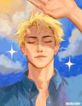  1boy blonde_hair blue_shirt blue_sky closed_eyes cloud cloudy_sky collared_shirt highres jujutsu_kaisen lips male_focus nanami_kento parted_lips portrait shirt short_hair sky solo teeth thatsallitchief upper_teeth_only 