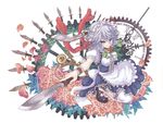  blue_eyes braid flower izayoi_sakuya knife maid_headdress mumulatte petals red_scarf ribbon rose scarf short_hair silver_hair smile solo stopwatch thigh_strap thighhighs touhou twin_braids watch white_legwear wrist_cuffs 