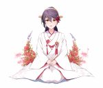  1girl alternate_costume black_hair brown_eyes fan flower folding_fan hair_ornament hairband hairclip haruna_(kantai_collection) headgear highres holding holding_fan ieufg japanese_clothes kantai_collection kimono long_hair looking_at_viewer red_flower remodel_(kantai_collection) seiza simple_background sitting solo tassel uchikake white_background white_kimono wide_sleeves 