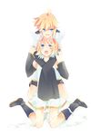  1girl aqua_eyes arm_warmers blonde_hair boots brother_and_sister highres hug kagamine_len kagamine_rin kaisaki open_mouth short_hair shorts siblings simple_background smile twins vocaloid 