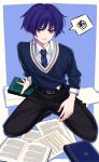  1boy alternate_costume belt black_pants blue_necktie blue_sweater book closed_mouth genshin_impact hair_between_eyes highres koushuiba long_sleeves male_focus necktie pants paper purple_eyes purple_hair scaramouche_(genshin_impact) school_uniform shirt short_hair solo sweater white_shirt 