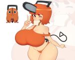 big_breasts biped blowup_background breasts chainsaw_man cleavage clothed clothing female hair hi_res huge_breasts humanoid looking_at_viewer mishythesheep orange_hair panties pochita_(chainsaw_man) pupils shirt simple_background solo thick_thighs topwear underwear