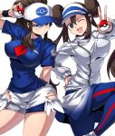  2girls alternate_costume baseball_cap blue_eyes blue_pants blue_shirt blue_wristband breasts brown_hair collared_shirt cowboy_shot double_bun hair_bun hat highres hilda_(pokemon) holding holding_poke_ball jacket large_breasts long_hair long_sleeves looking_at_viewer multiple_girls one_eye_closed open_mouth pants poke_ball pokemon pokemon_bw pokemon_bw2 rosa_(pokemon) shimure_(460) shirt short_sleeves shorts simple_background torn_clothes torn_shorts v visor_cap white_background white_jacket white_shorts 