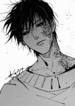  1boy black_sclera chest_tattoo closed_mouth colored_sclera dated facial_tattoo flower_tattoo frown fushiguro_touji highres jujutsu_kaisen looking_at_viewer male_focus neck_tattoo red_eyes sashiyu scar scar_on_face scar_on_mouth short_hair signature simple_background solo spot_color sweater tattoo upper_body white_background 