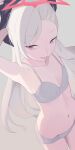  1girl armpits arms_up blue_archive bra collarbone commentary flat_chest gradient_background grey_background grey_bra grey_panties halo highres hiroki_(yyqw7151) long_hair mutsuki_(blue_archive) navel open_mouth panties red_eyes red_halo smile solo underwear undressing white_hair 