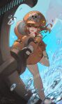  1girl anchor brown_hair guilty_gear guilty_gear_strive hood hoodie may_(guilty_gear) mr._dolphin_(guilty_gear) open_mouth orange_eyes orange_headwear orange_hoodie skull_and_crossbones smile water youmicitrustea 