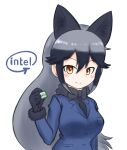  animal_ears black_bow black_bowtie black_fur black_gloves black_hair black_necktie black_shirt blue_jacket blush bow bowtie commentary computer_chip extra_ears fox_ears fox_girl fur_trim gloves grey_hair hair_between_eyes highres intel jacket kemono_friends long_hair long_sleeves looking_at_viewer multicolored_hair necktie orange_eyes shirt sidelocks silver_fox_(kemono_friends) smile sokyokusen upper_body 