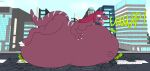 absurd_res anthro burping city city_background city_destruction cityscape dinosaur dirtymac dragon female feral hair hi_res macro maroon_body oral_vore red_hair reptile scalie theropod tyrannosaurid tyrannosaurus tyrannosaurus_rex vore