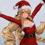  1girl ^_^ alternate_costume arms_up belt black_belt blonde_hair breasts bunnyoki cleavage closed_eyes collarbone dress drill_hair drill_sidelocks english_commentary genshin_impact grey_background grin hat highres long_hair navia_(genshin_impact) outstretched_arms red_dress red_headwear santa_hat sidelocks small_breasts smile snow solo upper_body very_long_hair 