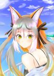  1girl animal_ears bare_shoulders beach blue_sky camisole extra_ears fox_ears fox_girl grey_hair hood hoodie island_fox_(kemono_friends) kemono_friends kemono_friends_v_project long_hair looking_at_viewer multicolored_hair nekomimi_illust orange_hair ribbon sky solo twintails two-tone_hair upper_body virtual_youtuber yellow_eyes 