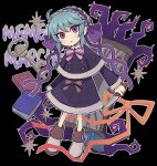  blue_hair book dress hair_ribbon holding holding_knife key knife looking_at_viewer memento_marchen multicolored_hair painting_(object) pink_eyes purple_dress ribbon rusha_(memento_marchen) serious short_hair sparkle 