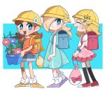  3girls :d ^_^ absurdres aged_down aqua_dress backpack bag bandaid bandaid_on_knee bandaid_on_leg black_socks blonde_hair blue_background blue_bag blue_eyes blue_flower blue_scrunchie blue_shorts blush bobby_socks bow bright_pupils brown_hair closed_eyes closed_mouth commentary_request crescent crescent_print denim denim_shorts dress eyelashes flower flower_pot frilled_skirt frills gerigimo_neo hair_ornament hair_over_one_eye hairclip hat highres holding holding_flower_pot kinchaku kneehighs long_hair looking_at_another loose_socks mario_(series) medium_hair morning_glory multiple_girls one_eye_covered open_mouth orange_bag orange_footwear orange_shirt parted_bangs pink_bag pink_bow pink_skirt plant pouch princess_daisy princess_peach profile puffy_short_sleeves puffy_sleeves purple_footwear randoseru red_flower red_footwear rosalina school_hat scrunchie shirt shoes short_sleeves shorts sideways_glance simple_background skirt sleeveless sleeveless_dress smile socks standing star_(symbol) star_print tied_shirt two-tone_background vines white_background white_pupils white_shirt white_socks wrist_scrunchie yellow_headwear 