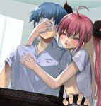  1boy 1girl ahoge aroused assertive_female black_bow blue_hair blush bow bright_pupils brother_and_sister collared_shirt commentary date_a_live eyelashes grabbing grabbing_from_behind hair_between_eyes hair_bow hetero highres hug hug_from_behind incest indoors itsuka_kotori itsuka_shidou jinsai_sa_sa long_hair naughty_face open_mouth red_eyes red_hair shirt short_hair short_sleeves siblings sidelighting smell smile socks straight_hair twintails very_long_hair white_shirt white_socks 
