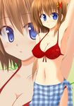  arm_behind_head armpits bikini blue_eyes blue_sarong blush breasts brown_hair cleavage hair_ornament lask lyrical_nanoha mahou_shoujo_lyrical_nanoha_strikers medium_breasts navel plaid plaid_sarong red_bikini sarong short_hair solo swimsuit x_hair_ornament yagami_hayate zoom_layer 