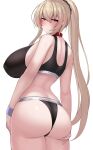  1girl ass ass_focus bare_shoulders belt_collar black_sports_bra blonde_hair blush breasts collar covered_nipples highres huge_breasts kubiwa_(kutan) kutan long_hair looking_at_viewer looking_back midriff original ponytail red_collar red_eyes solo sports_bra thong two-tone_sports_bra wristband 