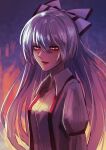  1girl absurdres bow breasts collared_shirt commentary_request expressionless fire from_side fujiwara_no_mokou hair_bow highres lips long_hair long_sleeves looking_at_viewer mamiru_(42105269) purple_background red_eyes shirt sleeve_ribbon solo suspenders touhou upper_body very_long_hair white_bow white_hair white_shirt 