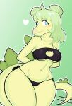 &lt;3 absurd_res anthro blackmore blush breasts cat_lingerie clothing dinosaur female goodbye_volcano_high green_background hands_behind_back hi_res lingerie navel ornithischian reptile scalie simple_background snoot_game solo stegosaurian stegosaurus stella_(snoot_game) tail thyreophoran