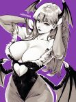  1girl bare_shoulders clothing_cutout cowboy_shot demon_girl demon_wings head_wings highres long_hair looking_at_viewer missfaves monochrome morrigan_aensland pantyhose purple_background solo vampire_(game) wings 