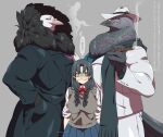 anthro avian big_breasts bird breasts cigar cigarette_smoke clothing coat columbid female gangster group human imkn_626 japanese_text male mammal pigeon scar school_uniform text topwear translation_request trio uniform