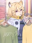  1girl animal_ear_fluff arknights black_nails blonde_hair holding holding_clothes indoors jacket looking_at_viewer memetaroh purple_eyes short_hair solo upper_body utage_(arknights) white_jacket 