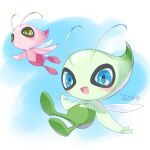 2021 ambiguous_gender antennae_(anatomy) big_head blue_eyes blush celebi chibi cotora dipstick_antennae duo featureless_crotch featureless_feet feet flying front_view full-length_portrait generation_2_pokemon green_eyes humanoid legendary_pokemon looking_at_viewer low-angle_view multicolored_antennae nintendo not_furry nude open_mouth open_smile pokemon pokemon_(species) portrait shiny_pokemon simple_background smile sparkling_eyes spread_arms wings