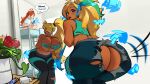  2girls absurdres ahoge animal_ears ass ass_expansion bed blonde_hair blue_hair blueisalanguage borrowed_character breast_slider breasts bunk_bed bursting_ass bursting_breasts carol_(carro3d) cleavage commentary commission curvy dark-skinned_female dark_skin english_commentary english_text exploding_clothes green_hair growth hair_over_one_eye highres huge_ass huge_breasts indian_style multicolored_hair multiple_girls no_panties on_bed orange_hair original ponytail sitting solo_focus streaked_hair tail thick_thighs thighs thought_bubble tiger_ears tiger_girl tiger_girl_(blueisalanguage) tiger_tail underboob wardrobe_malfunction wide_hips 