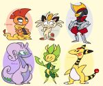 2020 3_toes ambiguous_gender ampharos anthro bisharp english_text fangs feet generation_1_pokemon generation_2_pokemon generation_5_pokemon generation_6_pokemon goodra group hand_on_hip happy hi_res leavanny looking_at_viewer lumspark meowth nintendo one_eye_closed orange_body orange_scales pokemon pokemon_(species) scales scrafty serious silly simple_background tail teeth text toes tongue yellow_body