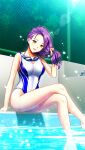  1girl :d bare_arms bare_legs barefoot collarbone competition_swimsuit crossed_legs day doukyuusei_2 doukyuusei_another_world fence foot_out_of_frame game_cg head_tilt holding holding_hair katagiri_mirei long_hair one-piece_swimsuit open_mouth outdoors poolside purple_hair sitting smile soaking_feet solo swimsuit wet wet_hair white_one-piece_swimsuit yellow_eyes 