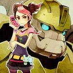  black_hair brown_eyes bulkhead cellphone earrings jewelry legwear_under_shorts miko_nakadai multicolored_hair nail_polish pantyhose phone pink_hair robot shorts smile strawberrybit transformers transformers_prime twintails 