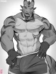 2023 anthro biceps biped bottomwear bulge claws clothed clothing detailed_bulge digital_drawing_(artwork) digital_media_(artwork) dragon finger_claws hi_res horn looking_at_viewer male monochrome muscular muscular_anthro muscular_male pupils scalie shorts simple_background sinsquared slit_pupils solo tail teeth