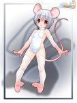  1girl animal_ears artist_logo artist_name ass_visible_through_thighs bare_shoulders blush breasts chinese_clothes chinese_zodiac dudou elbow_gloves full_body gloves grey_hair groin highres lace_trim looking_at_viewer mouse_ears mouse_girl mouse_tail nakajima_konta no_panties open_mouth original red_eyes revealing_clothes short_hair small_breasts soles solo spread_fingers tail thighhighs toe_scrunch turtleneck white_thighhighs year_of_the_rat 