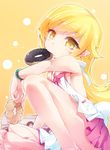  bakemonogatari barefoot blonde_hair bracelet doughnut food holding jewelry long_hair looking_at_viewer monogatari_(series) mouth_hold nio_(einhorn) oshino_shinobu pointy_ears simple_background sitting skirt soles solo yellow_background yellow_eyes 