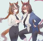  2girls animal_ears black_necktie black_pants blue_jacket brown_hair chainsaw_man cosplay cowboy_shot ear_ornament earrings fairouz_ai hair_between_eyes hand_on_own_hip highres holding_hands horns horse_ears horse_girl horse_tail jacket jewelry long_hair looking_at_viewer loose_necktie makima_(chainsaw_man) makima_(chainsaw_man)_(cosplay) mmm_(mmm623) multicolored_hair multiple_girls necktie pants power_(chainsaw_man) power_(chainsaw_man)_(cosplay) purple_eyes red_horns scythe shirt simple_background single_earring sirius_symboli_(umamusume) smile smirk streaked_hair symboli_rudolf_(umamusume) tail teeth twitter_username umamusume unbuttoned unbuttoned_jacket very_long_hair voice_actor_connection white_background white_shirt 