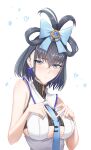  1girl absurdres black_hair blue_eyes blue_ribbon bow bow_earrings breasts earrings heart highres hololive hololive_english jewelry ouro_kronii ribbon ribbon_hair star_(symbol) zenya 