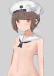  1girl black_neckerchief blunt_bangs blush bow breasts brown_eyes brown_hair closed_mouth clothes_writing grey_background hat hat_bow highres kantai_collection looking_at_viewer nao_salad neckerchief nipples nude out-of-frame_censoring sailor_collar sailor_hat short_hair simple_background small_breasts solo sweat upper_body white_sailor_collar z3_max_schultz_(kancolle) 