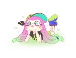  1girl aqua_hair baseball_cap black_shirt blue_eyes bug butterfly butterfly_on_nose clownfish colored_eyelashes d: drooling eyelashes fish frown full_body gradient_hair green_eyes green_skirt harmony&#039;s_clownfish_(splatoon) harmony_(splatoon) hat legs_up long_hair lying miniskirt multicolored_clothes multicolored_eyes multicolored_footwear multicolored_hair multicolored_headwear on_stomach open_mouth pink_hair pleated_skirt purple_pupils shirt shoes short_sleeves sideways_hat skirt solo splatoon_(series) striped striped_headwear t-shirt tentacle_hair teo_(teorekka) two-tone_hair very_long_hair white_butterfly 