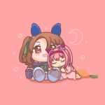  1girl animal_ears chibi closed_eyes doqute_stuffed_doll ear_covers hair_intakes haru_urara_(umamusume) headband highres horse_ears horse_girl king_halo_(umamusume) long_hair moko39_takasora pajamas pink_background pink_hair pink_headband pink_pajamas ponytail simple_background sleeping solo umamusume 