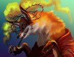 ambiguous_gender anthro arcanaloth_(dnd) bared_teeth canid canine clothing crown digital_media_(artwork) digital_painting_(artwork) female_(lore) fox fur grin headgear jessjackdaw mammal orange_body orange_fur pipe plant portrait red_clothing red_eyes red_robe robe shemeshka_the_marauder_(planescape) smile smoke smoking smoking_pipe solo teeth thorns vines yugoloth