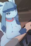 absurd_res anthro blue_body blush breasts butt collar dialogue eeveelution female fingers generation_4_pokemon glaceon hi_res human looking_at_viewer mammal nintendo pokemon pokemon_(species) pupils size_difference text xanadu_corona