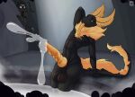 anthro balls behind_wall being_watched big_balls big_penis black_balls black_body bodily_fluids cum cumshot ejaculation fan_character fluffy fur genital_fluids genitals hand_behind_back hand_behind_head hand_on_wall hi_res hollow_knight hot_spring legs_in_water looking_at_another male orange_body orange_eyes orange_fur orange_penis orange_tail penis piekiller precum rock sitting standing tail team_cherry tongue tongue_out water