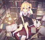  arm_up blonde_hair blue_eyes book bookshelf la-na lace light_bulb mary_janes original quill shoes side_ponytail sitting smile solo white_legwear wrist_cuffs 